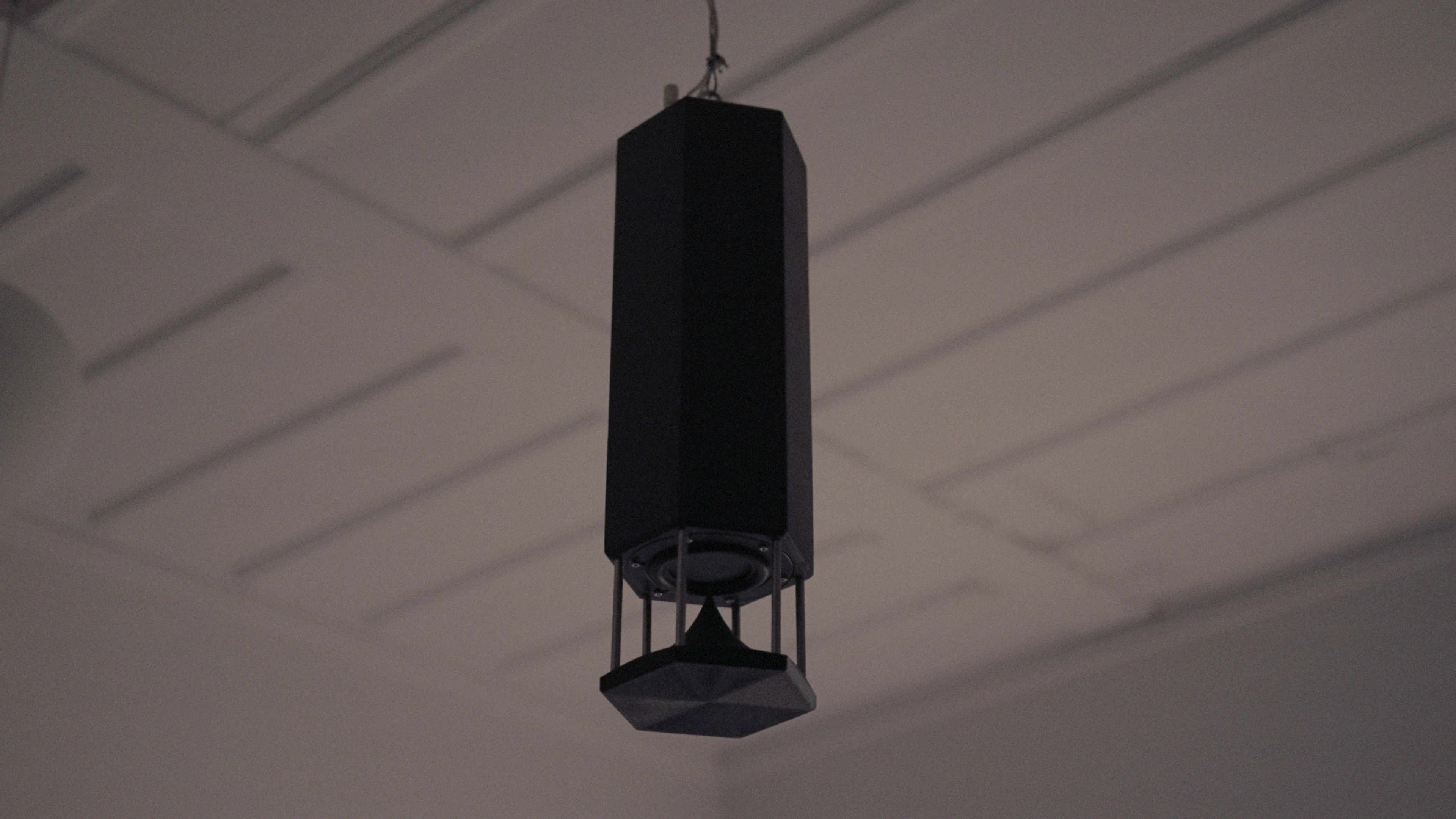 Omni pendant speaker, a tall black column suspended from the ceiling, with a stainless steel omni-directional driver visible at its base.